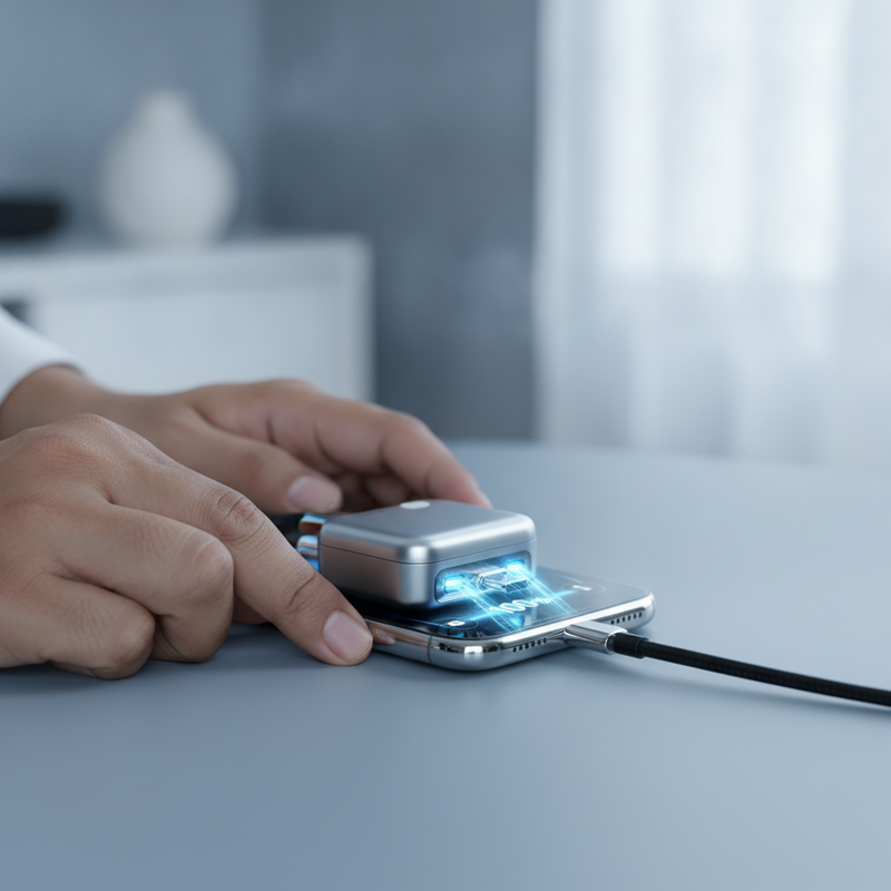 Close-up of a Smart Charger Adapter Auto Power Disconnector with a Type-C cable plugged into a smartphone, held by a South As