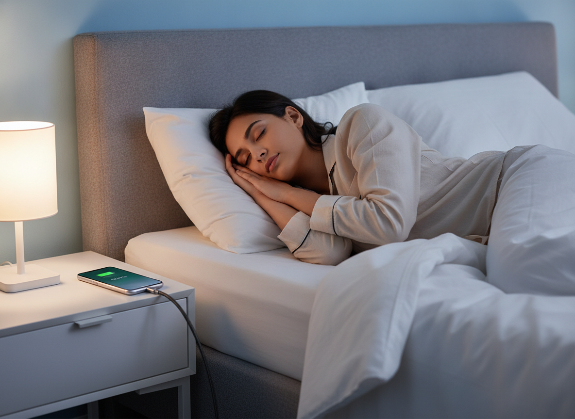 South Asian woman sleeping soundly in bed at night, her smartphone charging with the Smart Charger Adapter on a nightstand.