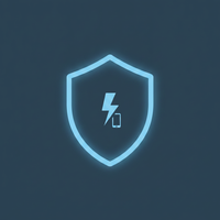 A stylized shield icon with a lightning bolt and phone outline, symbolizing protection and smart charging. The shield is sky 