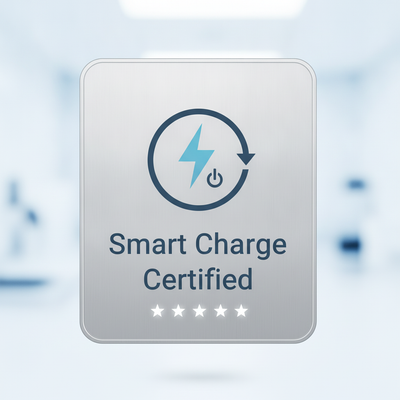 A modern, professional close-up of a sleek, minimalist badge with a stylized icon representing automatic power disconnection 